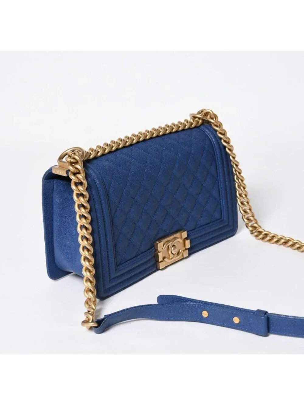 Chanel Boy Chain Shoulder Bag Blue Caviar Leather Gold